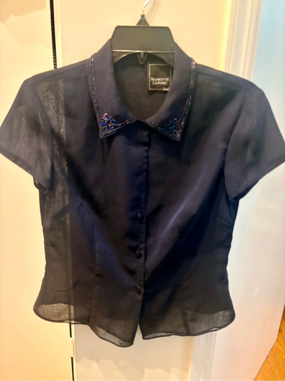 Nanette Lepore Navy Sheer Short-Sleeve Button-Down with Beaded Collar Accent - Picture 3 of 7